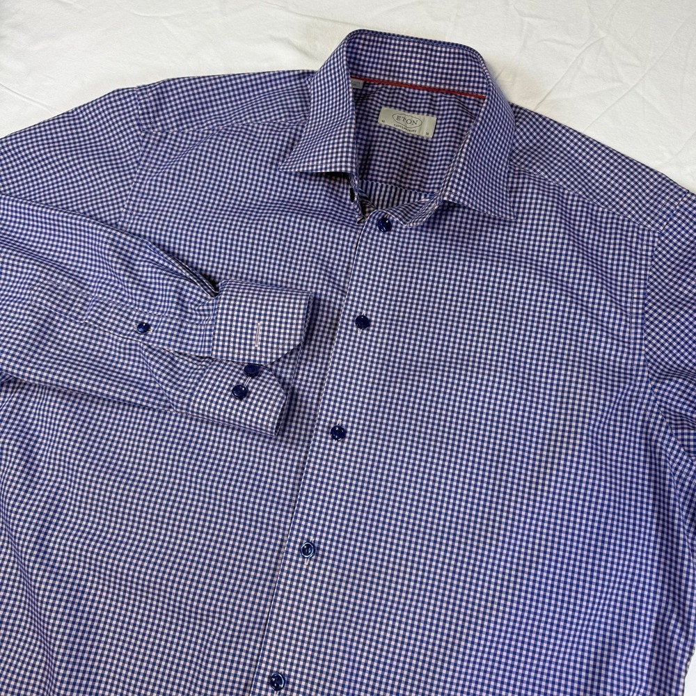 Eton Dress Shirt Men's Size 16-41 (Large) Blue Pink Micro Gingham Button Up